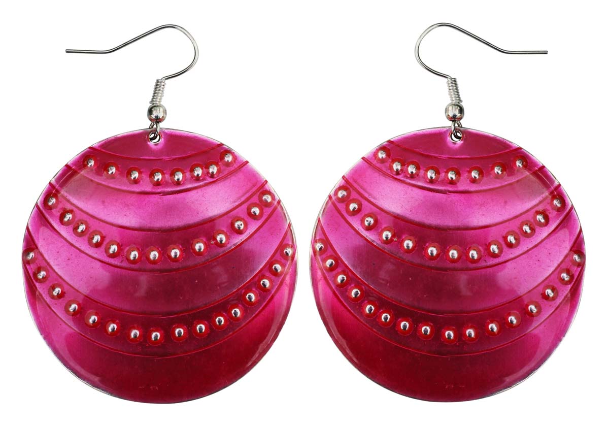 Pair of Round Hook Earrings in Brass - 2.5” Magenta Pink with Beads - Drop Earrings / Women Fashion Jewelry - Buy in Bulk Wholesale